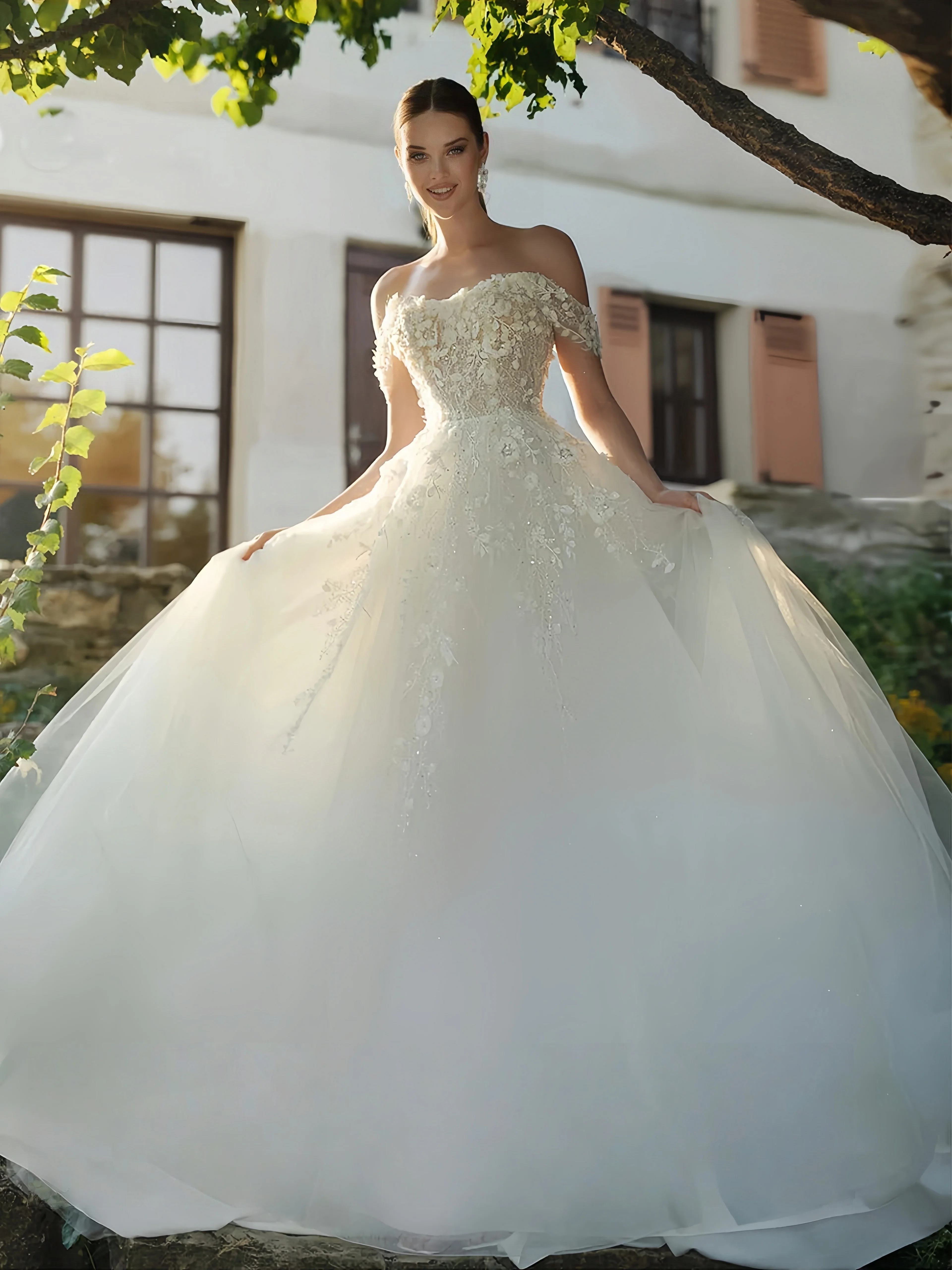 

Сексуальное свадебное платье по индивидуальному заказу с открытыми плечами и цветами, жемчугом, кружево, тюль, трапециевидное корсетное свадебное платье для женщин, Robe Mariee de