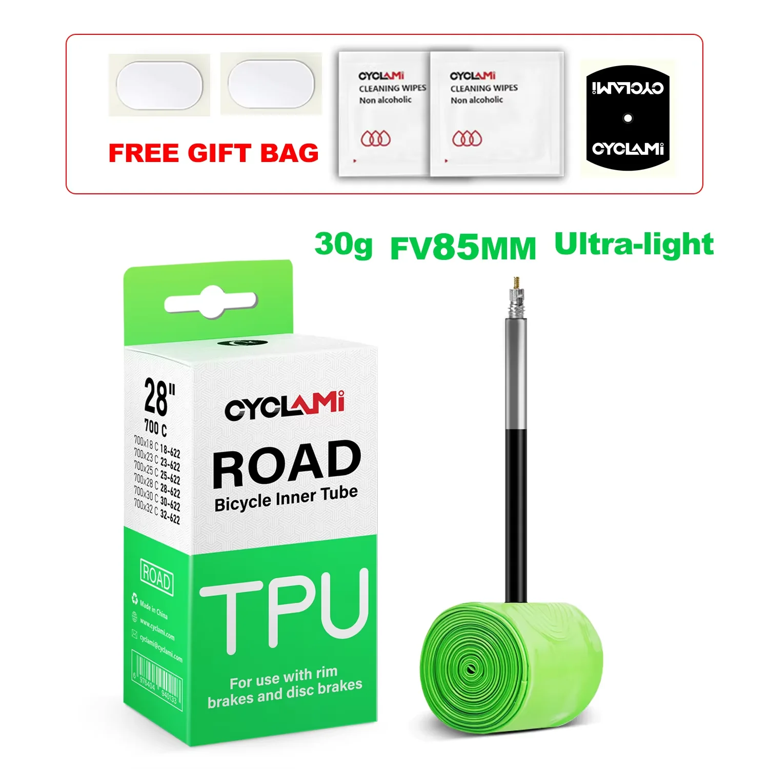 CYCLAMI Ultraleichter 30 g Fahrradschlauch aus TPU-Material, 700C 18 32, Rennradreifen, 45 mm, 65 mm, 85 mm Länge, französisches Ventil