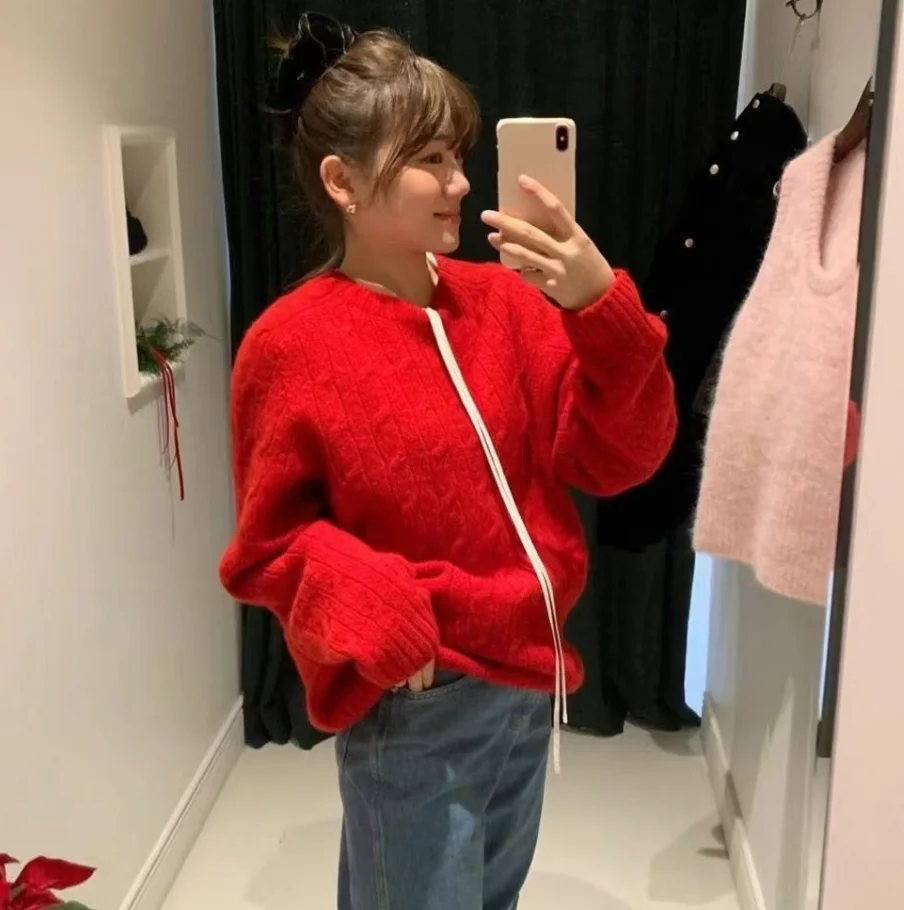 فضفاض عادية جولة Ne محبوك رداء علوي من الصوف بار * صافي ثمانية الحليب 2025 الخريف خمر تويست 00% الصوف محبوك سترة