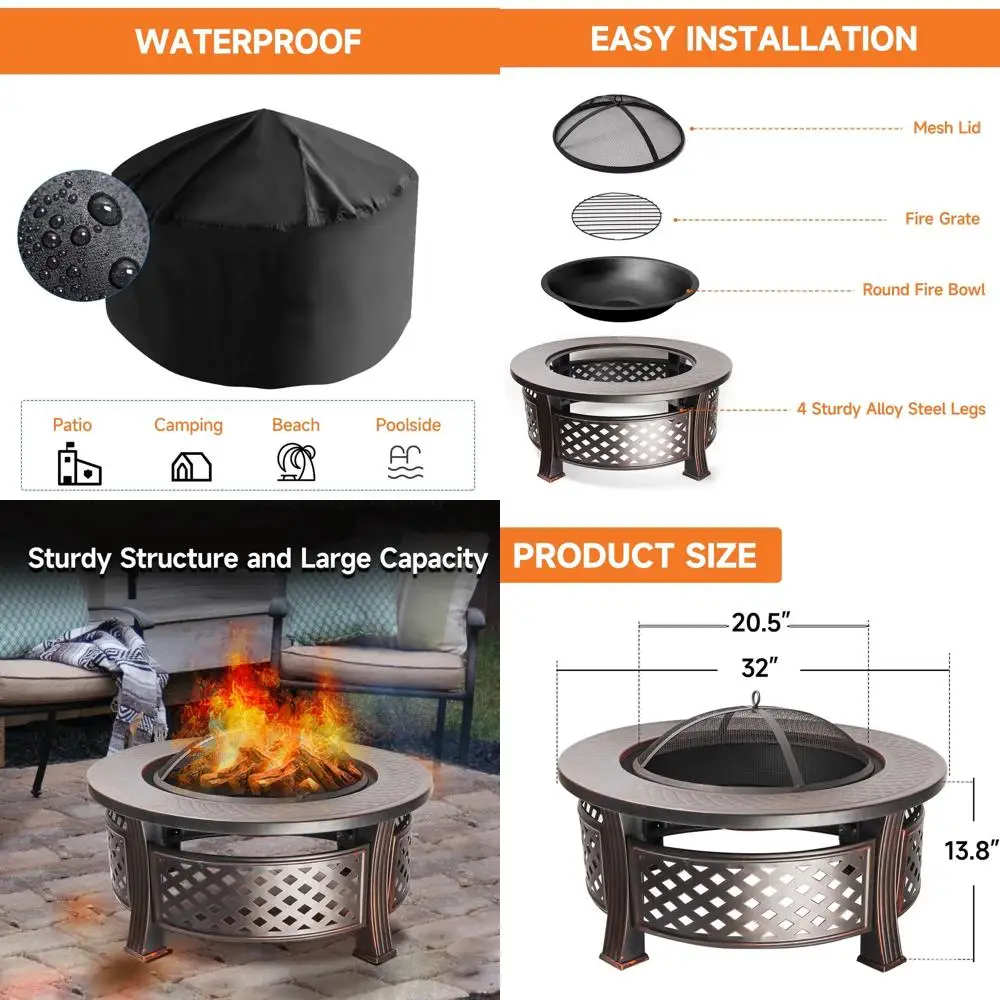 

32-дюймовое металлическое уличное костровое место для розжига дров с камином, решеткой для костра, защитным экраном от искр и инструментами