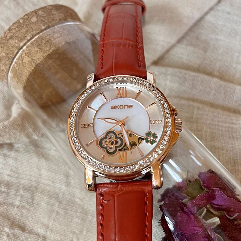 SKONE New Women's Fashion Four Leaf Hollow Fully Automatic Mechanical Watch Belt Waterproof Women's Watch