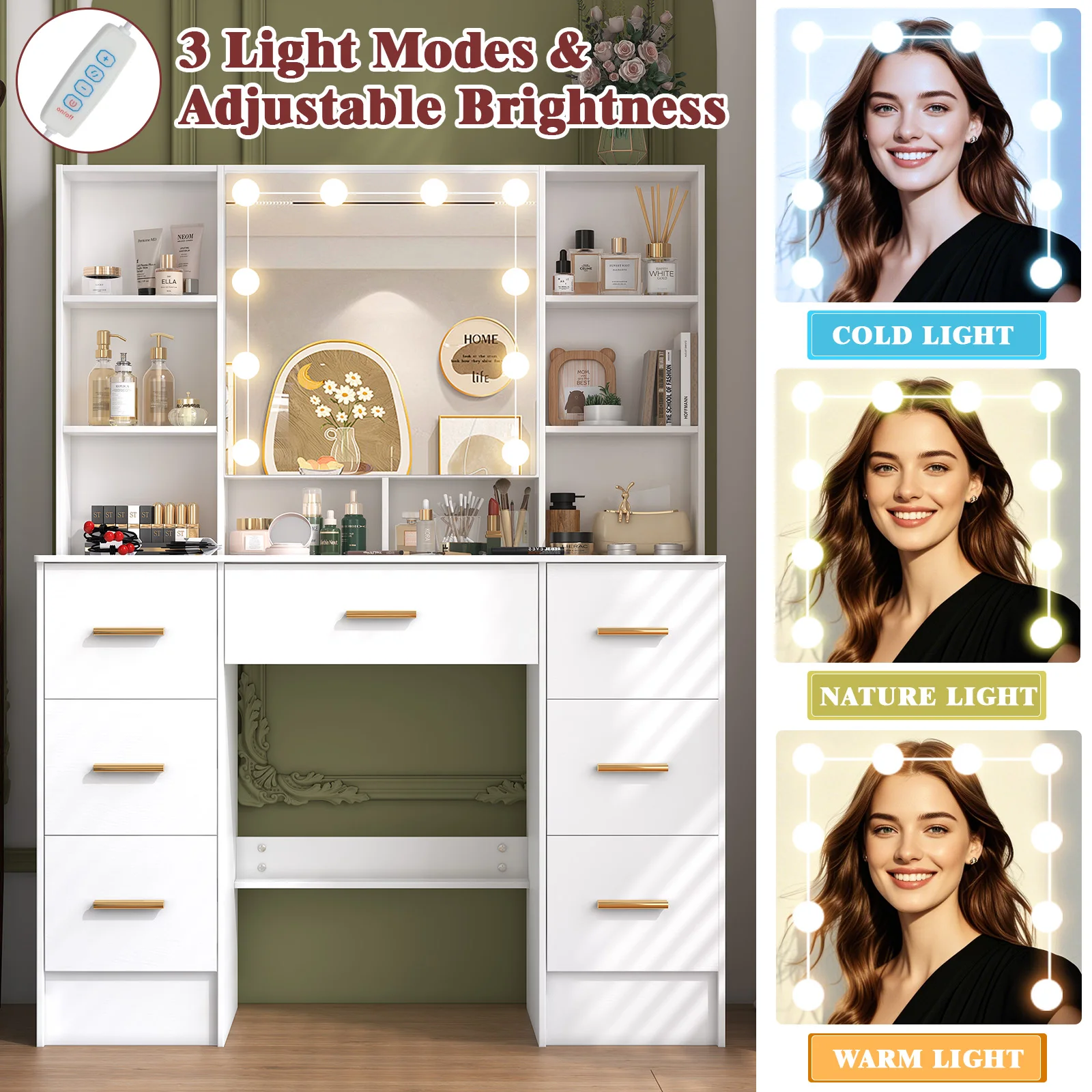 مكياج خشبي منخفض مع مرآة مضاءة: 3 أوضاع إضاءة وأدراج وأرفف منزلقة #4