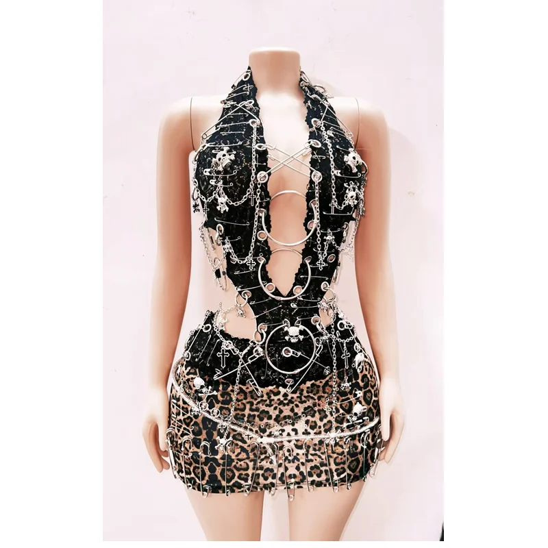 Punk Heavy Industry Y2K Sexy Hollow Out Women's Vest Original Design Leopard Print Locomotive Lace Splicing Skirt Set Ladies