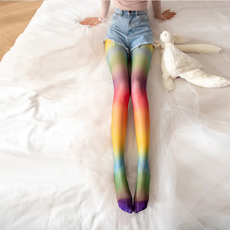 

New Sexy Rainbow Stockings Thin Personalized Striped Jumpsuit Stockings Colorful Spring and Autumn Gradient Party Stockings