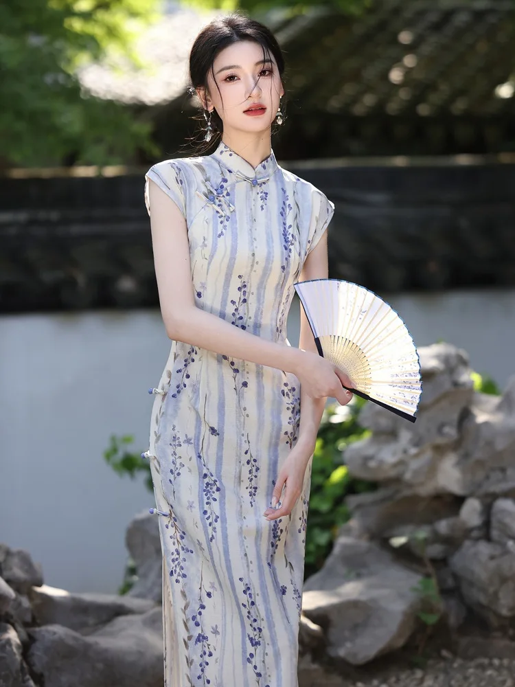 Qipao Dress 2025 New Beautiful Chinese Style Dress Purple Daily Wear Simple and Elegant Qipao Dress