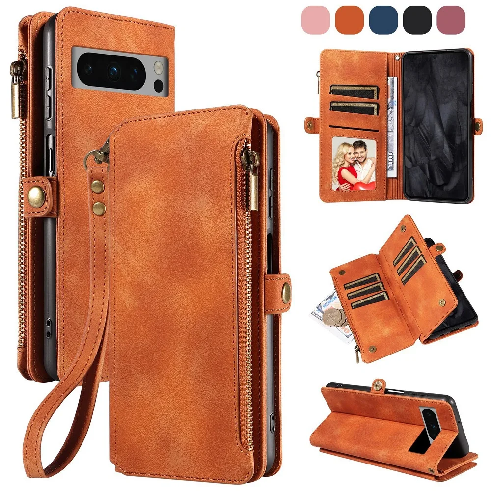 

for Google Pixel 10 Pro XL Phone Bag Foldable Stand Lanyard Matte PU Leather Flip Zip Pouch Multi Pocket Card Slot Wallet Case