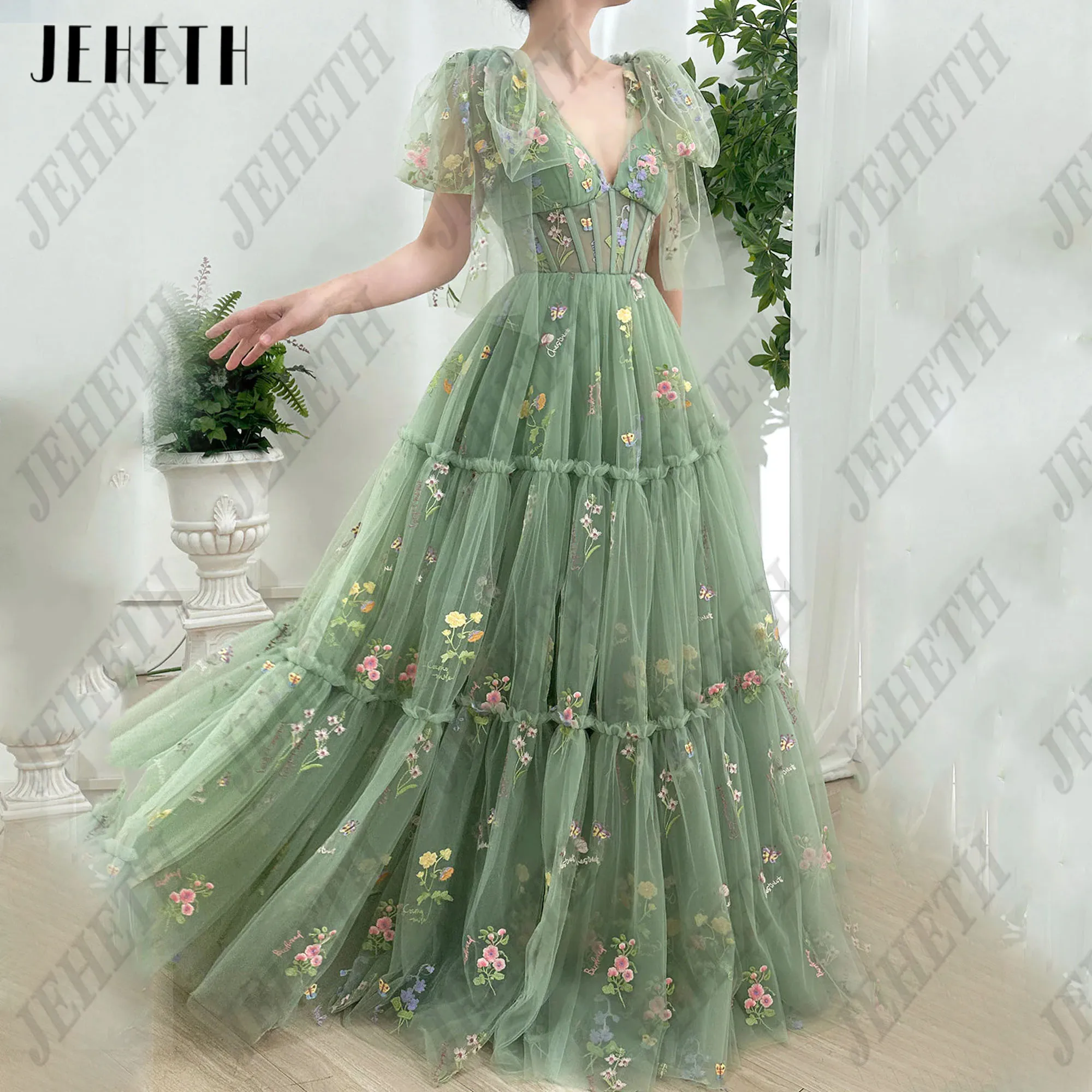 

JEHETH Green V-Neck Long Prom Party Dresses Flowers A-Line Corset Embroidery Lace Formal Occasion Prom Gown 2025 Customized