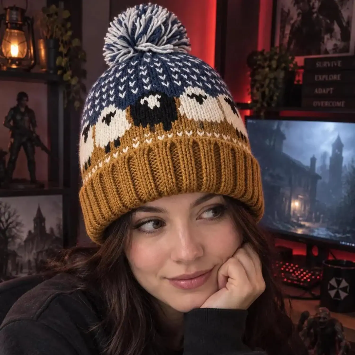 Sheep Knit Beanie for Gamers & Horror Fans, Cosplay Pom Pom Winter Hat 6