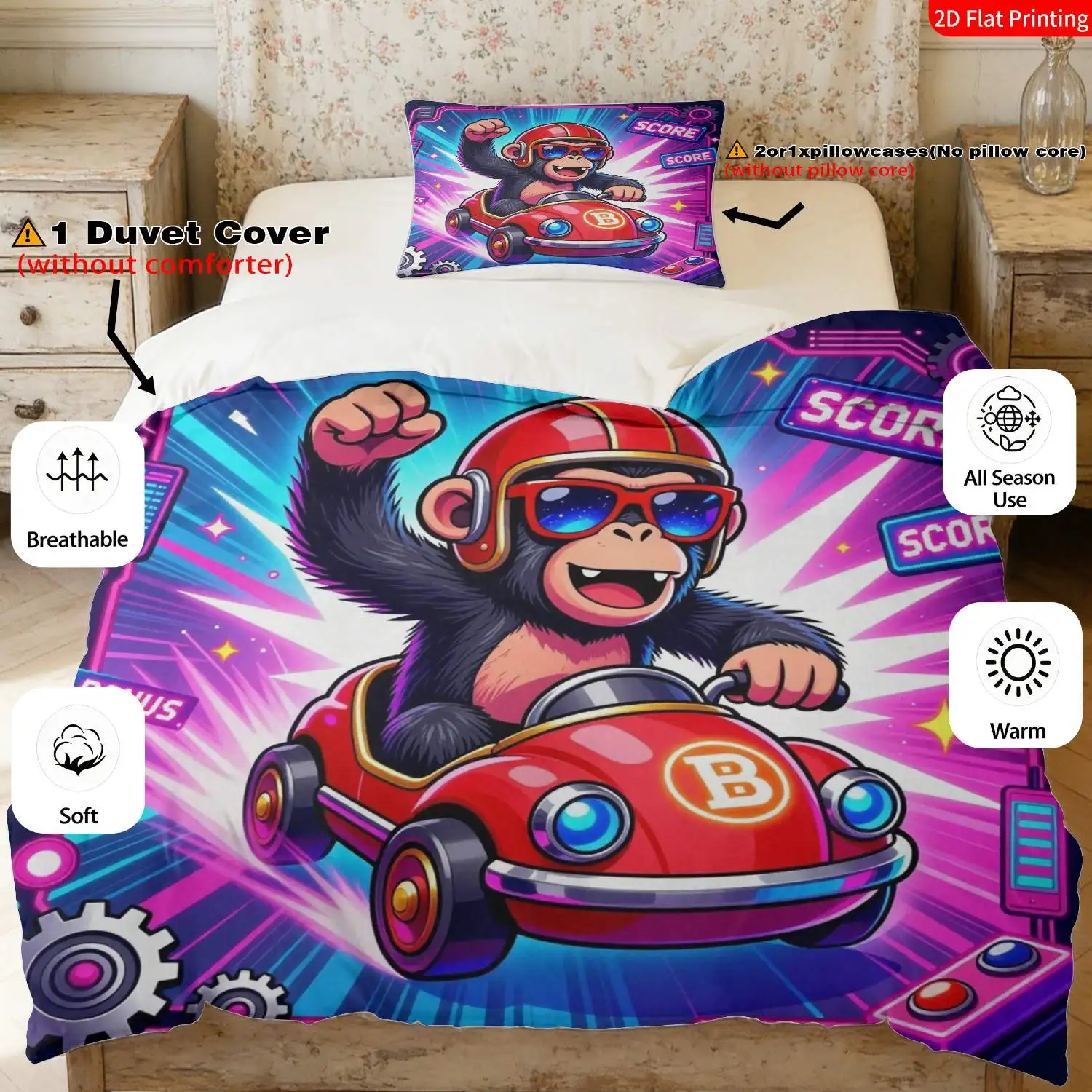 Soft Duvet Cover Set of Three 2D Flat Printed Duvet Covers, Vintage Game-Themed Bedspread with Monkey Driving Theme and Neon Score Print, Duvet Cover and Pillowcase Set, Machine Washable Bedding, Room-Themed Decoration, Machine Washable, Invisible Zipper, Large Duvet Cover Set, Bedding Set Quilt Cover