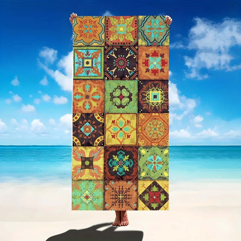Toalla de Playa de Microfibra con Mosaico de Azulejos Mediterráneos Vintage, Extra Grande, Estética, Estilo Talavera Española, para el Verano