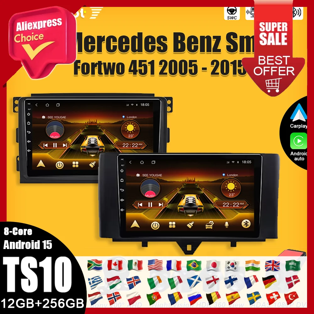 

Car Radio For Mercedes Benz Smart Fortwo 451 2005 - 2015 Stereo Multimedia Player Android 15 Carplay Touch Screen Navigation