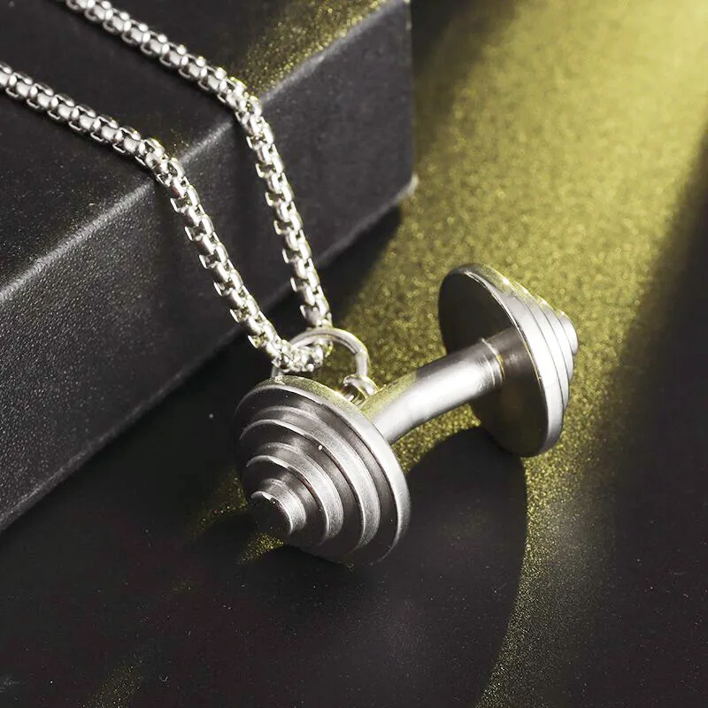 Men's Hip Hop Fitness Barbell Dumbbell Pendant Stainless Steel Bodybuilding Necklace Men's Sports Gym Jewelry