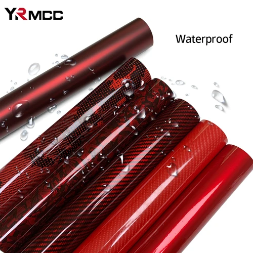 Imagen 2 del producto Envoltura de vinilo de fibra de carbono, pegatinas rojas brillantes para coche, vinilo impermeable para motocicleta, película autoadhesiva de sintonización automática para accesorios de coches
