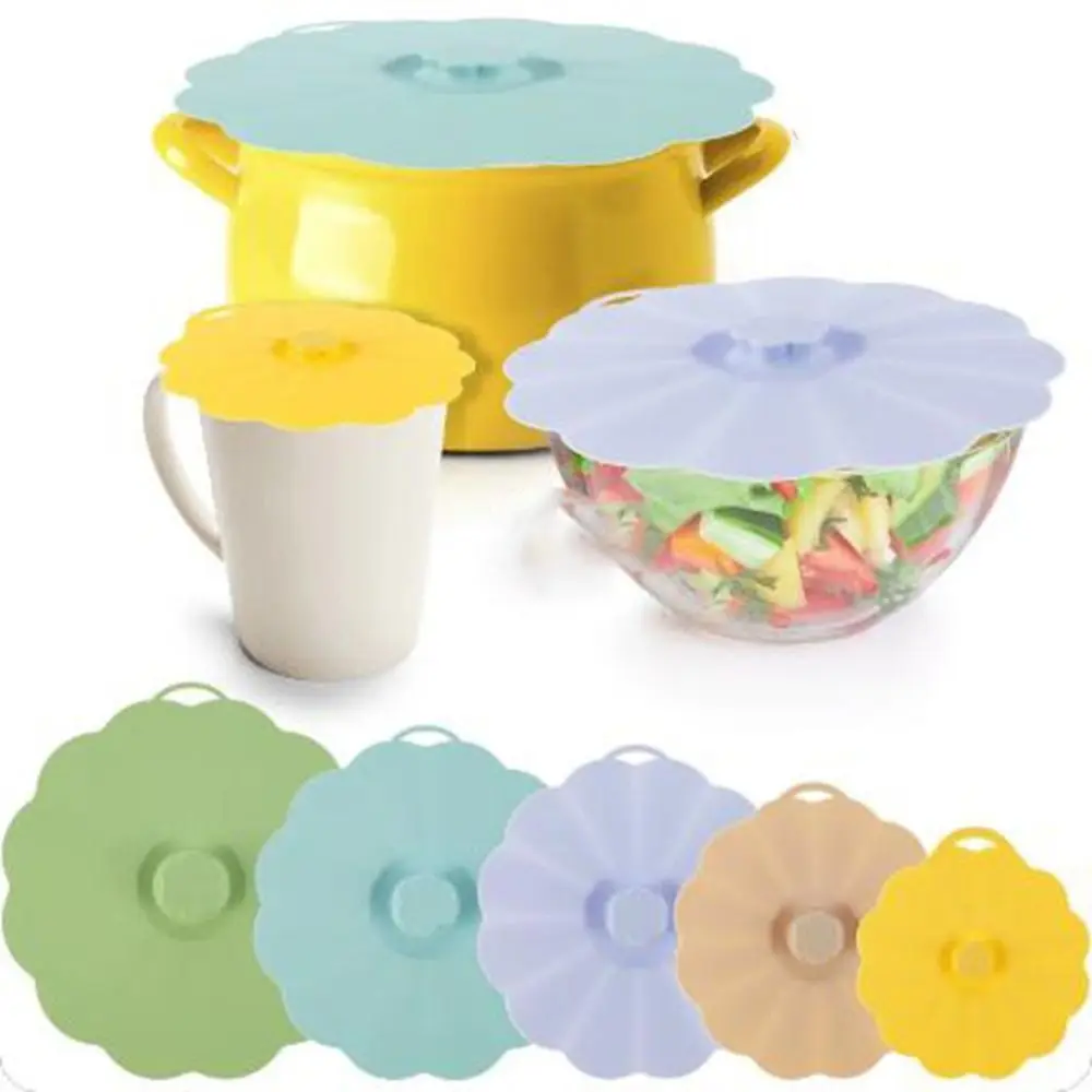 5Pcs 4/6/8/10/12inch Silicone Fresh-keeping Lid Flower Shape Airtight Silicone Bowl Covers with Hanger Hole Dustproof