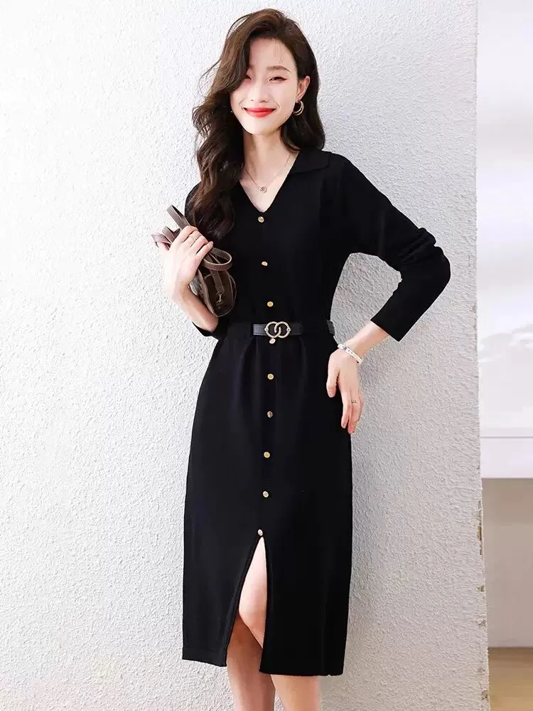 

Slimming V-Neck Midi Dress Women's Knitted Wrap Style Pure Color Base Layer Autumn Fashion 2025 Commute Wind Belt Detail