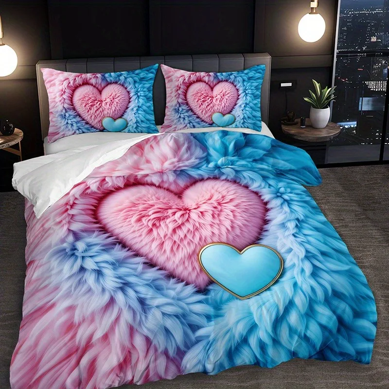 3D Fluffy Gradient Heart Bedding Set Pink Blue Love Duvet Cover With Pillowcases Romantic Girly Bedroom Home Decor Quilt Set
