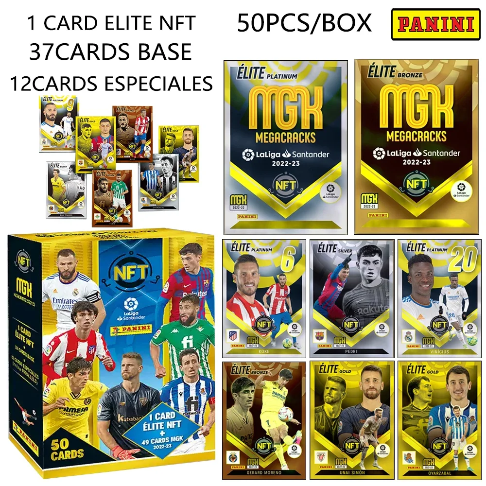 

Набор цифровых коллекционных карточек Panini NFT сезона 2022-23, 50 карточек, включая золотые и платиновые карты Koke Kounde Stars, подарочная коробка.