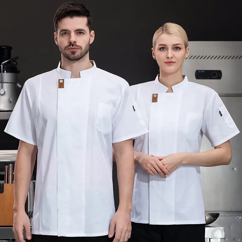 Uniforme de trabajo de cocina para restaurante de Hotel, chaqueta de Chef de manga corta, abrigo de cocina blanco de verano para Chef de pastelería y panadería