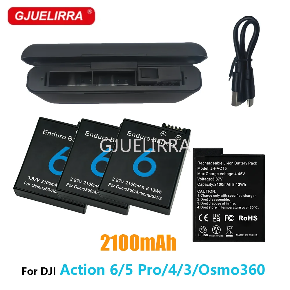 2100mAh for DJI Osmo Action 6 Action 5 Pro Action 4/3 Camera Battery and 3 Slots Charger for Osmo 3 4 5 Pro Accessories