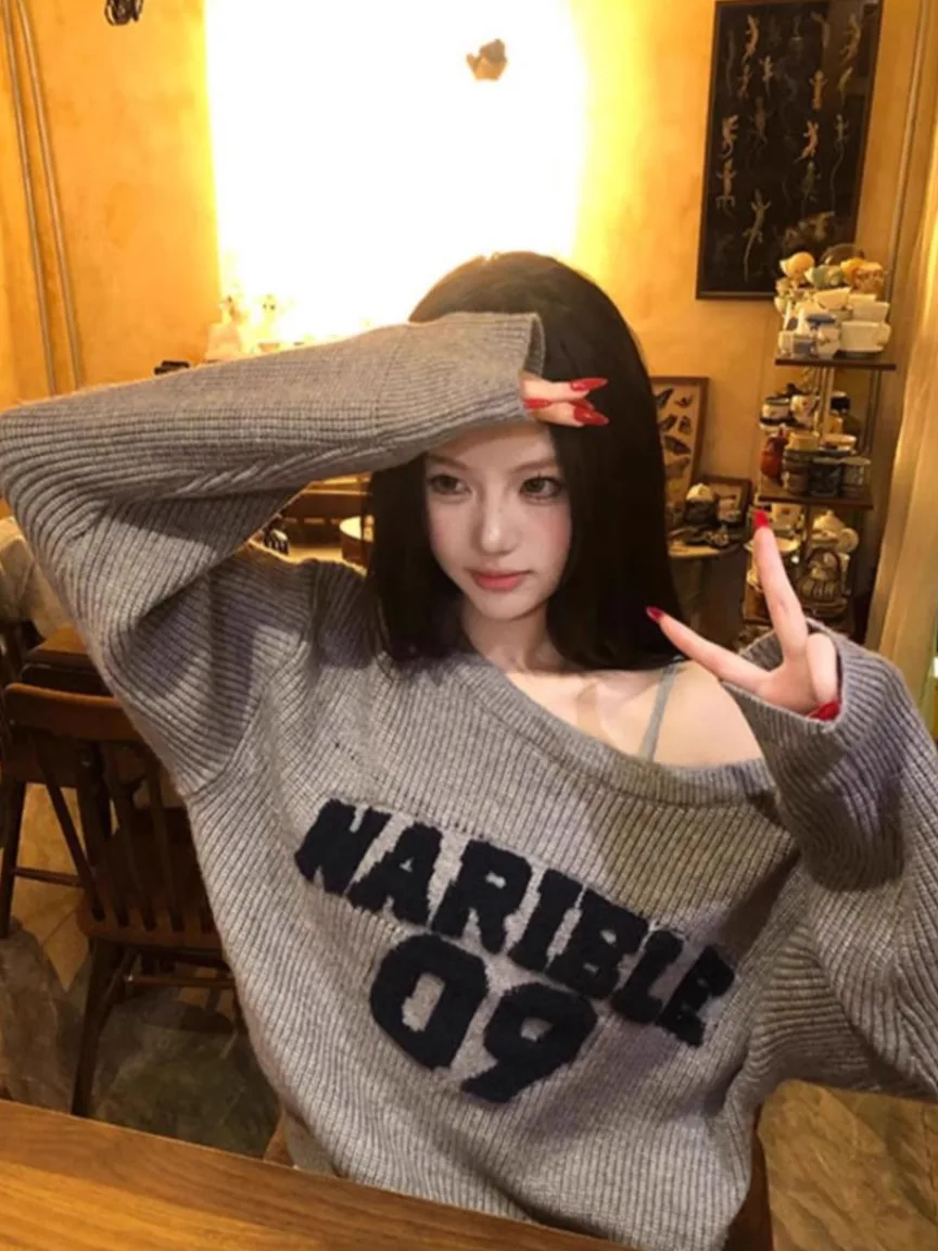 

Ladies Knitted Sweater Casual Long Sve Crew Ne Letter Print Loose Fit Autumn Faion Comfortable Polyester Spandex