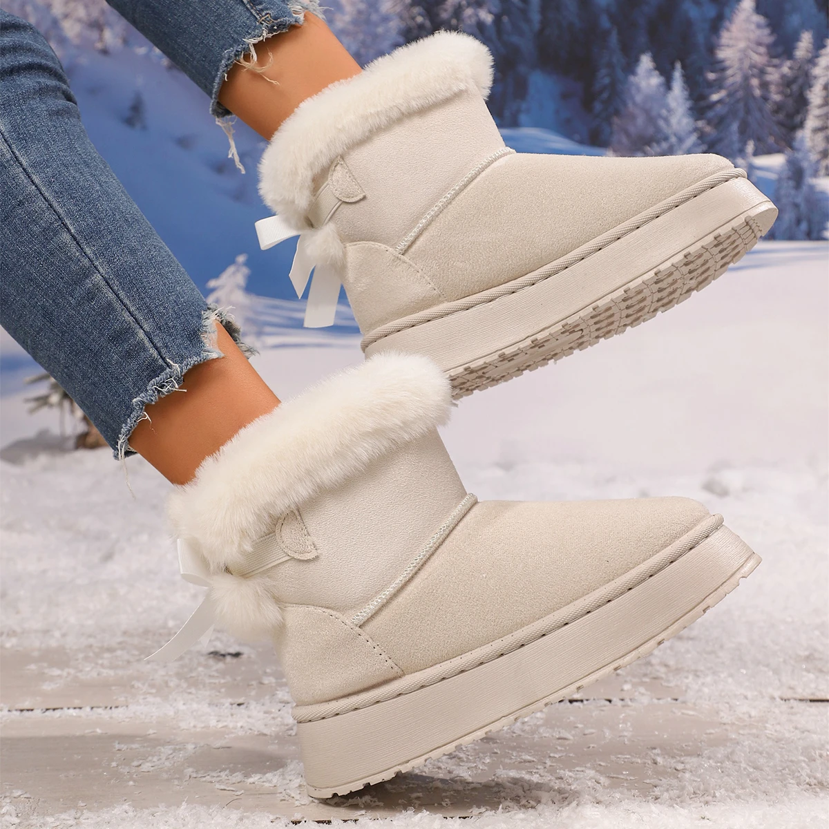 المرأة الجديدة المألوف القوس جولة تو أنيقة الثلوج أحذية النساء الشتاء شقة مقاومة للاهتراء لينة الدافئة النساء أحذية Zapatos De Mujer #3