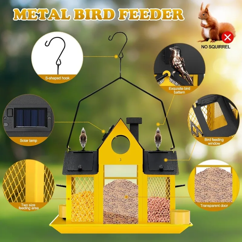 Solar Bird Feeders House for Outside Hanging, Metal Wild Bird Feeder for Outdoors Large Capacity Cardinal Birdfeeder Birdhouses