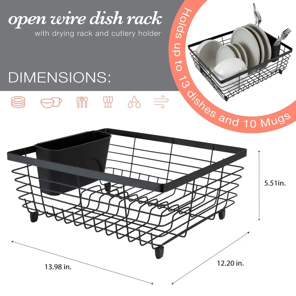 

Flat Wire Dish Rack with Cutlery Basket Open Wire Design Holds 13 Dishes Drying Rack Kitchen Utensil Storage 100% Iron