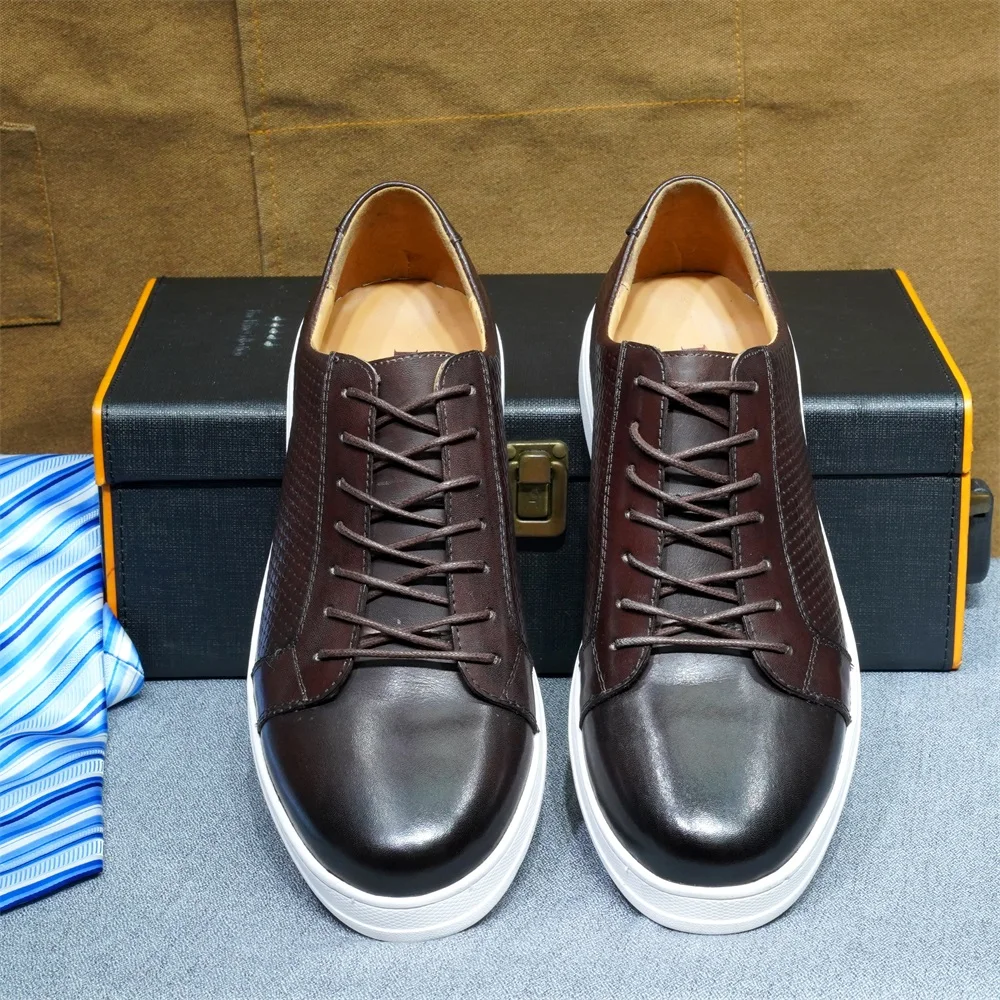 Fashion Mens Casual Shoes for Office Company Cowhide Genuine Leather Lace-up Blue Black Brown Sneakers Flat Derby Footwear Male