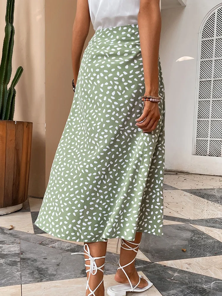 Dot Print Stretch Split Beach Long A-Line Skirts for Women Fashion Vintage High Waist Sexy Skirts