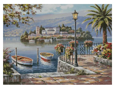 lakeside Scenery Boat Counted Cross Stitch Kits Sewing 18CT 16CT 14CT White Canvas Embroidery DIY Handmade Needle Home Decor