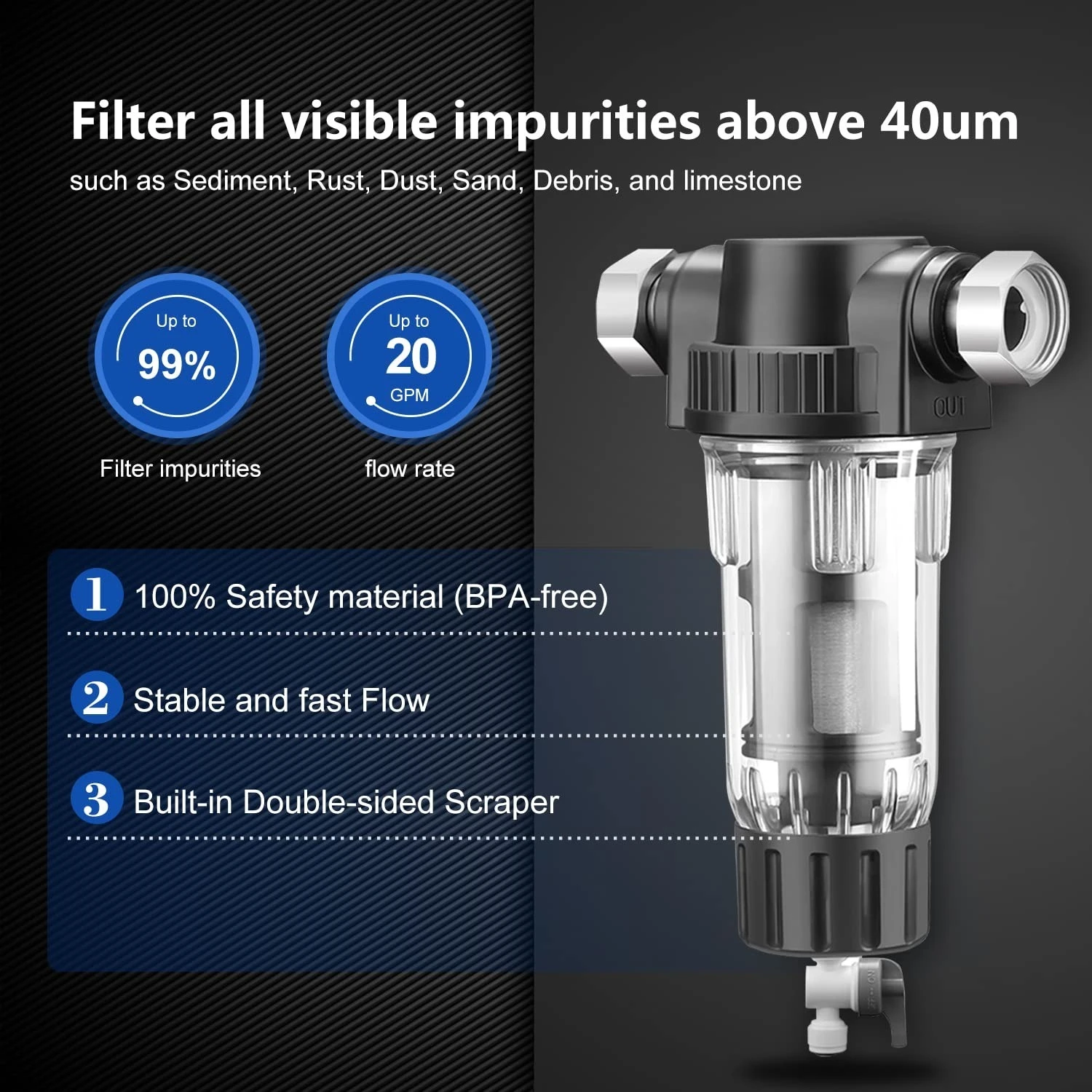 Whole House Water Softener Pre-Filter, Large Flow Backwash Water Purifier for Household Kitchen Tap Water Filtration