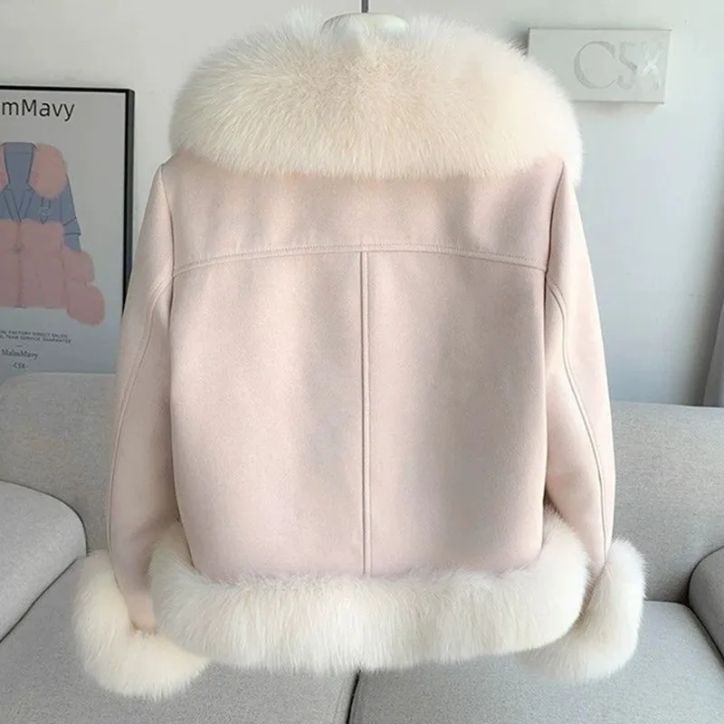Fashion Imitation Fox Fur Grass Coat Women's Short Furry Coat Woolen Collar Thicke Warm Coats Winter Fur Coat Pink Outwear