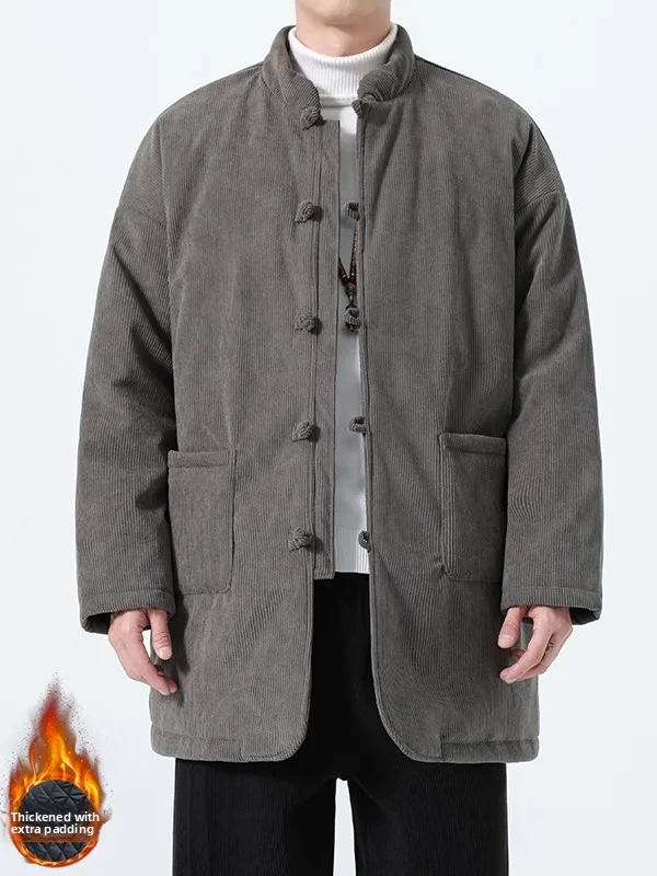 

Winter New Men's Cotton Padded Corduroy Jaet Loose Large Size Mid-Length Color Chinese Sle Coat Warm Casual Wear