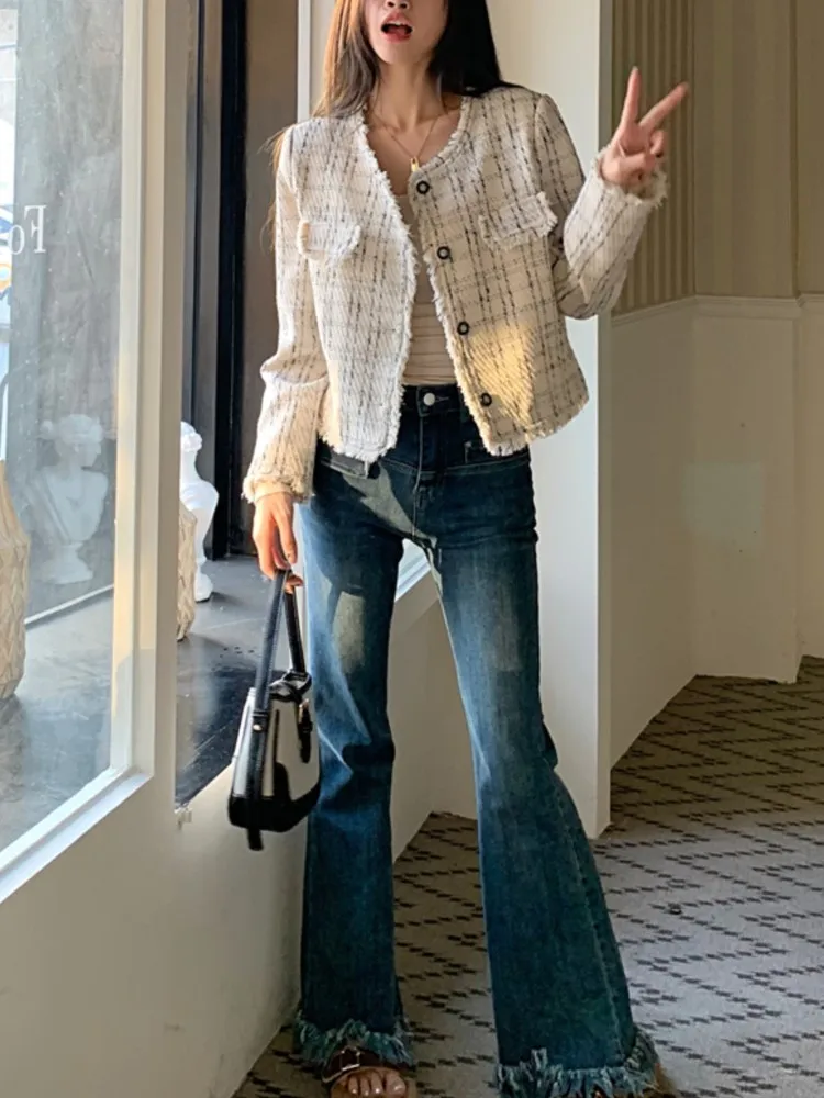 Herbst 2024 Neue Vintage Kurzen Mantel Frauen Französisch Elegante Langarm Plaid Jacken Weibliche Casual Outer Mode Ropa Mujer