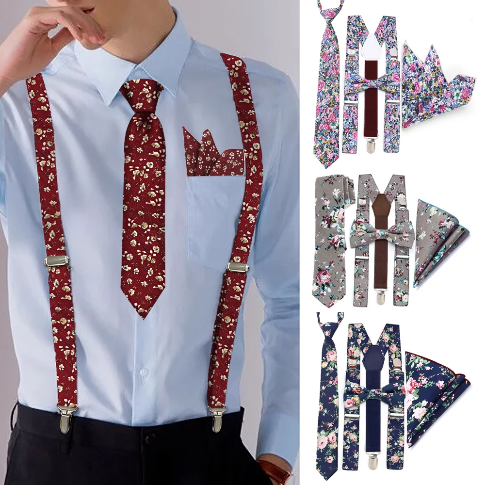 conjunto-de-4-pecas-com-gravata-borboleta-e-lenco-quadrado-estampado-floral-de-algodao-para-pais-e-filhos-acessorios-de-camisa