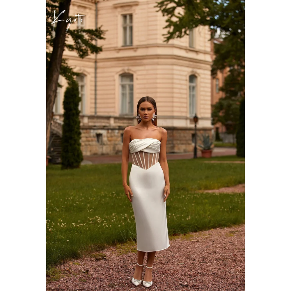 ชุดแต่งงานสีขาวแบบพลีททรงเข้ารูปสไตล์เกียวโต สายเดี่ยวเปิดไหล่ ชุดราตรีออกงานยาว