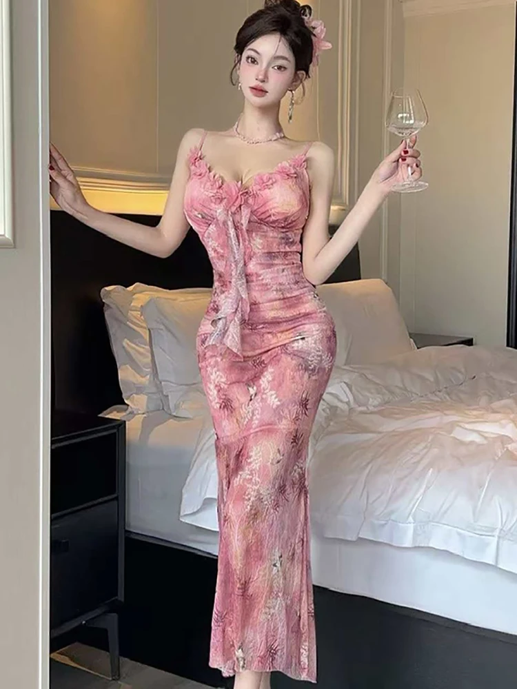 2025 neue Rosa Floral Mesh Rüschen Sexy Sling Langes Kleid Frauen Boho Elegante Casual Kleid Sommer Koreanische Mode Bodycon Prom Kleid