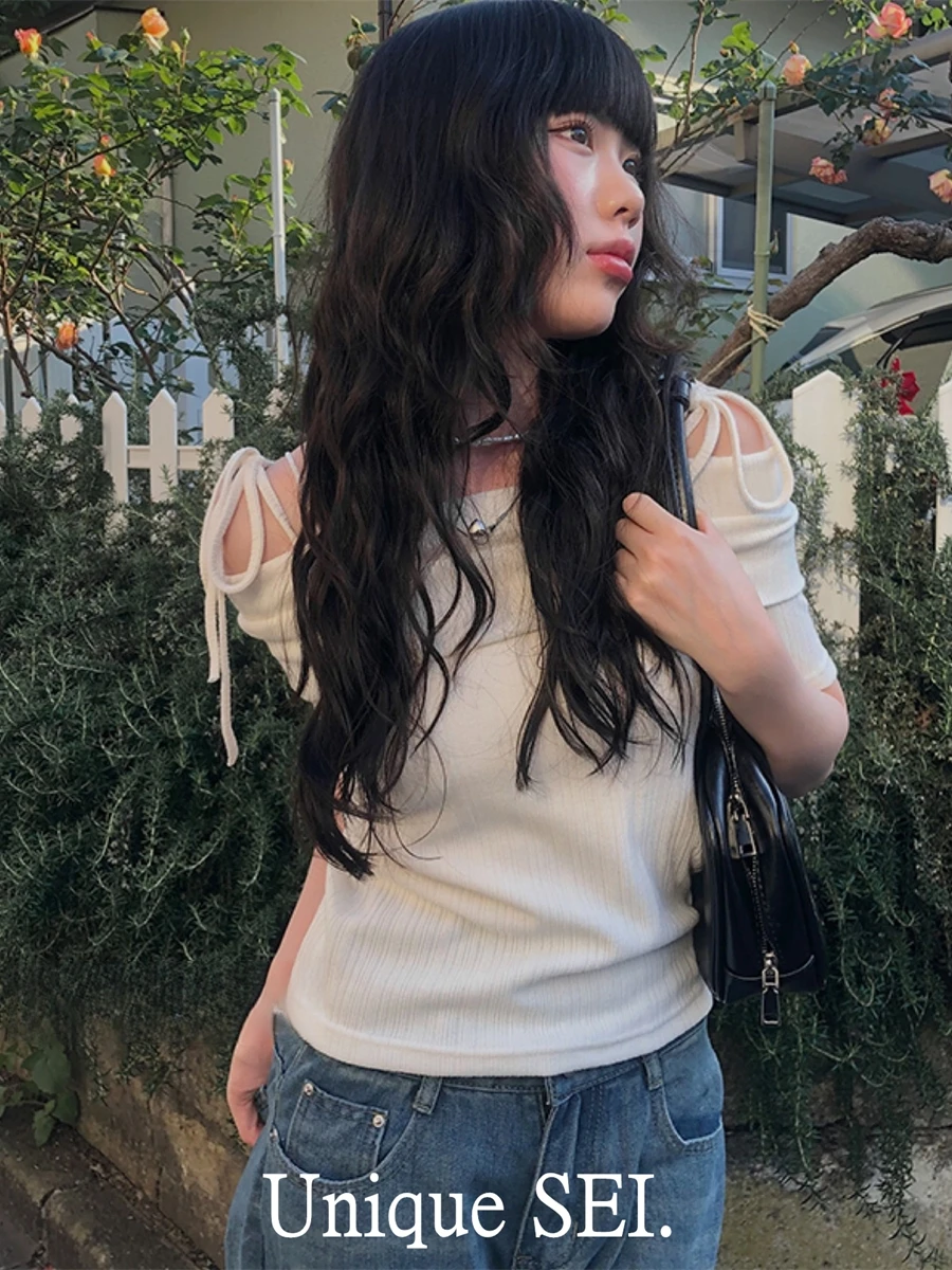 تي شيرت كوري Sle Sweet Girl ort Sve تي شيرت على الكتف وربطة عنق نسائية صيفية فضفاضة تناسب الطول العادي irt