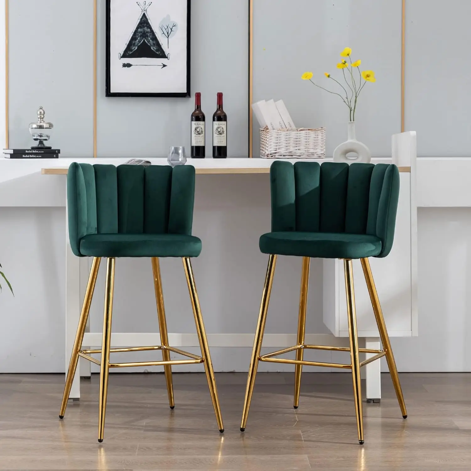 

Velvet 30" Bar Height Barstools Set of 2 Modern Kitchen Stools Upholstered Counter Stool Chairs with Gold Legs for Kitchen Islan