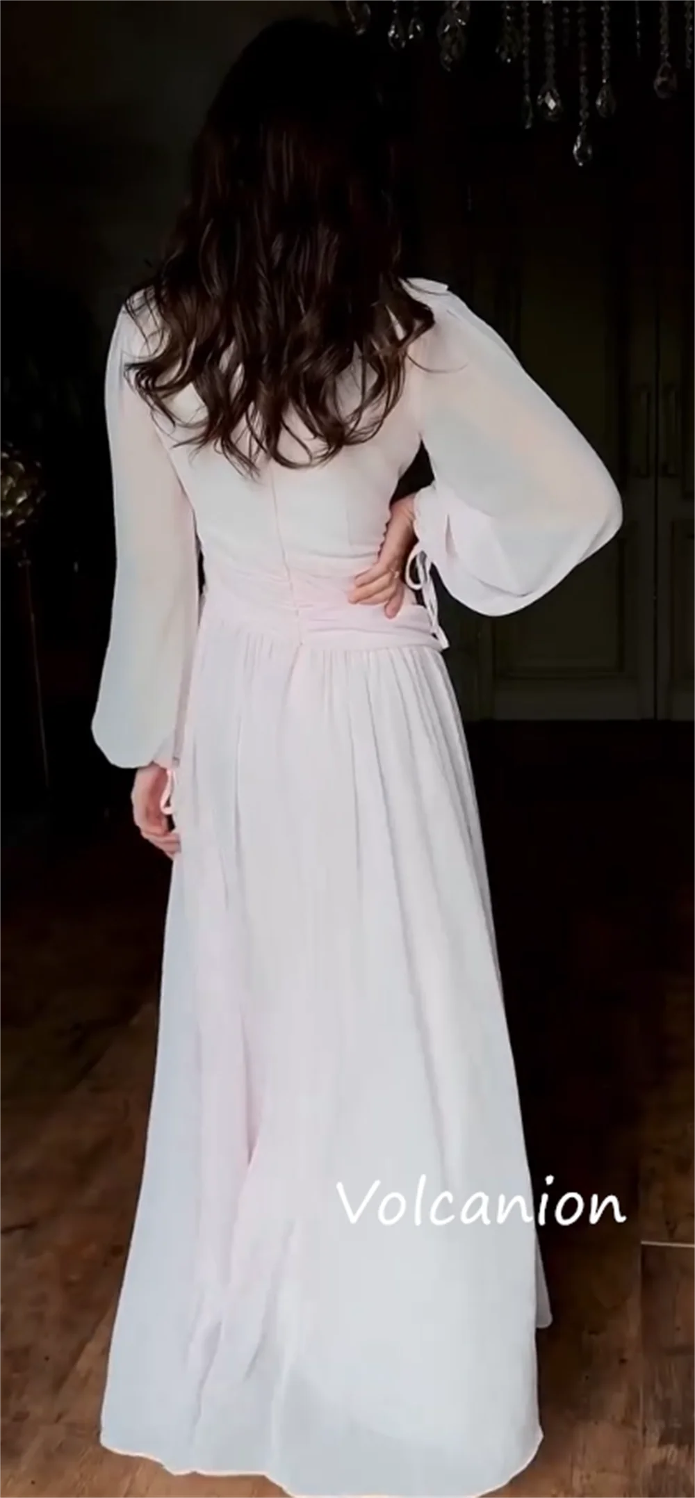 カスタマイズされたファッションシフォンフラワープリーツAラインVネックロングドレスオーダーメイドの機会モダンなスタイル絶妙な