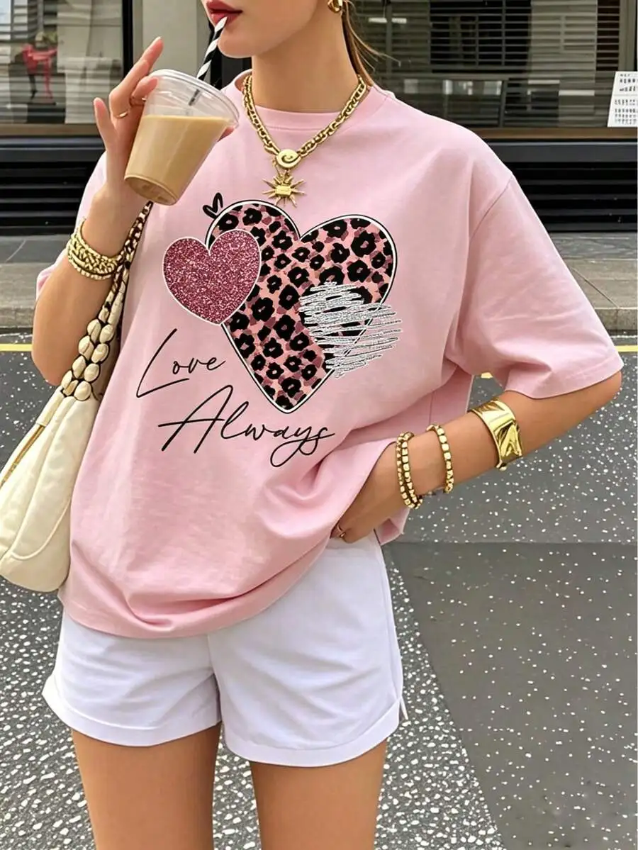 Girls Sweet Romantic Casual Tops 1Pc Pink Crew Neck Short Sleeve 