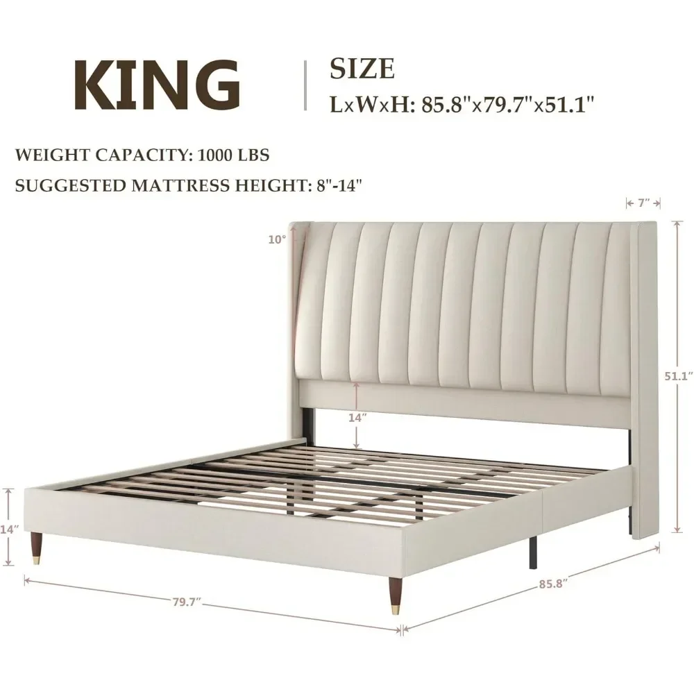 King Size Bed Frame,Upholstered Platform Bed Frame with Vertical Channel Tall Wingback Headboard,No-Noise