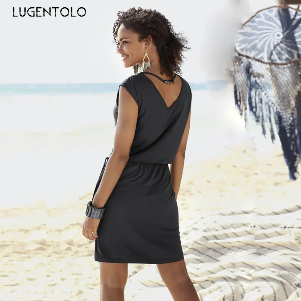 

Sexy Dress Women Beach Summer V-neck Solid Sleeveless Dresses Female Casual Elastic Waist Straight Thin Short Dress Lugentolo