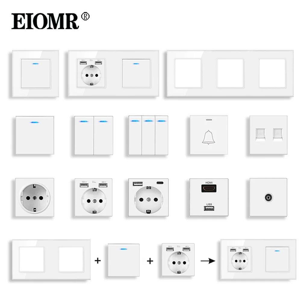 EIOMR szklany Panel z białego kryształu przełącznik do montażu ściennego gniazdo zasilania ue pojedyncze podwójne ramki gniazdko do montażu