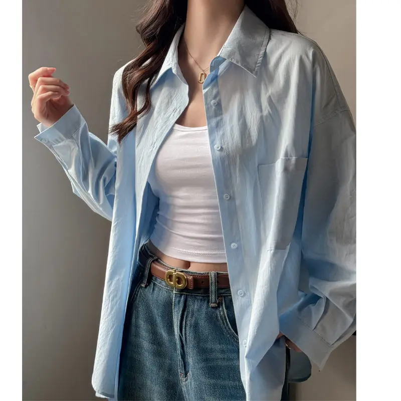 Women's Long Sleeve Shirt Loose Fit Draped Style Lightweight Muffler Blue Casual Outerwear Open Cardigan Top Thin Model