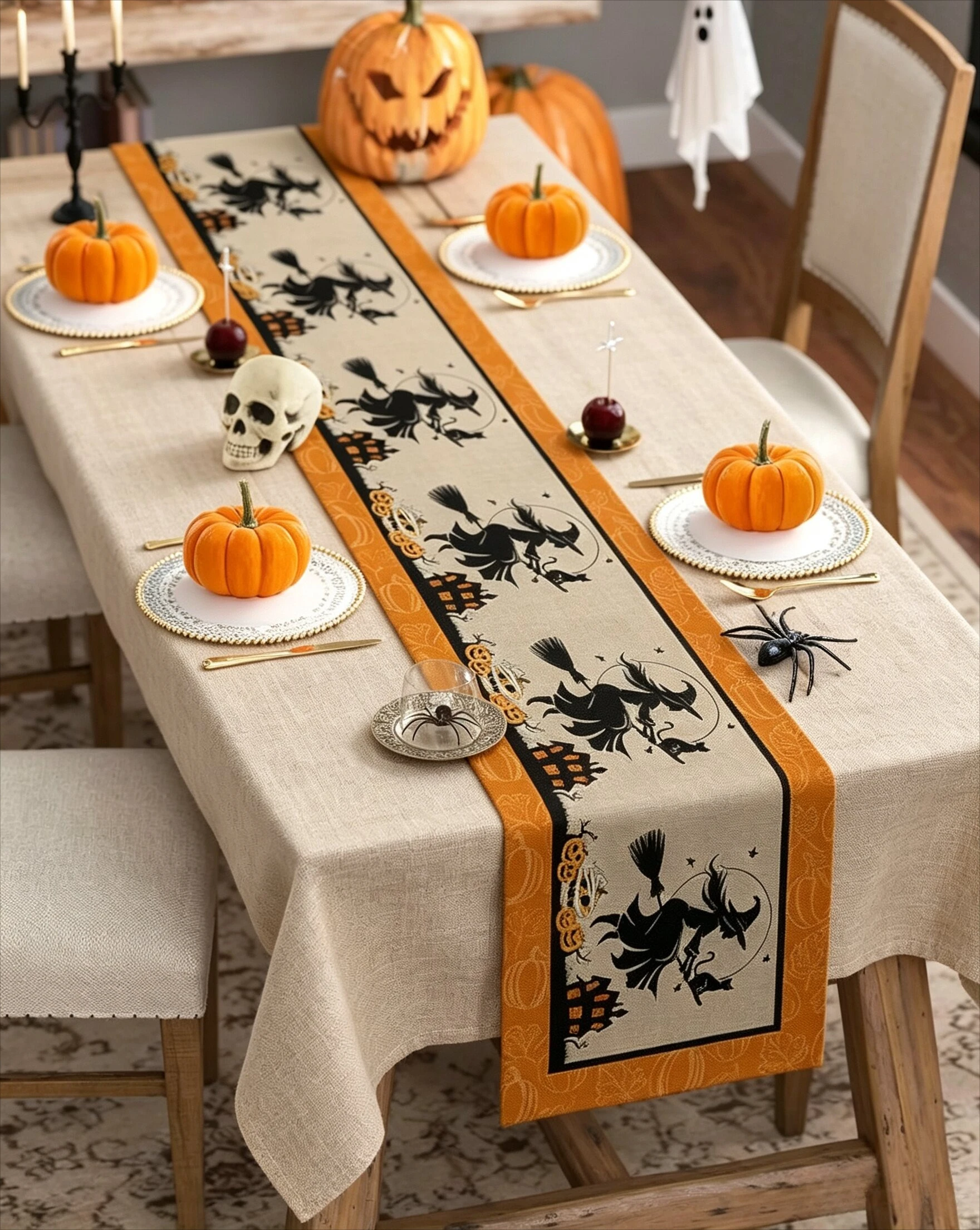 Halloween Flying Witch Table Runner, Themed Party Indoor Holiday Decoration, Build Festive Atmosphere