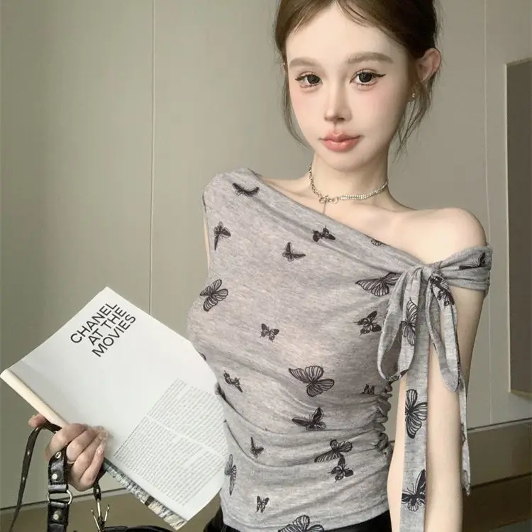 

Dew Shoulder Butterfly Printing T-Shirts Women Slash Neck Lace-Up Design French Style Elegant Ladies Sexy Chic Ins Slim Tops