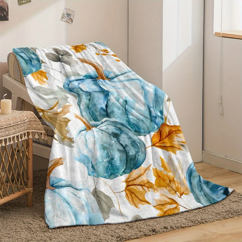 2D Flat Printing, 1pc Watercolor Autumn Style Blanket, Printed with Light Blue Pumpkins, Golden Maple Leaves And Berry Branches,