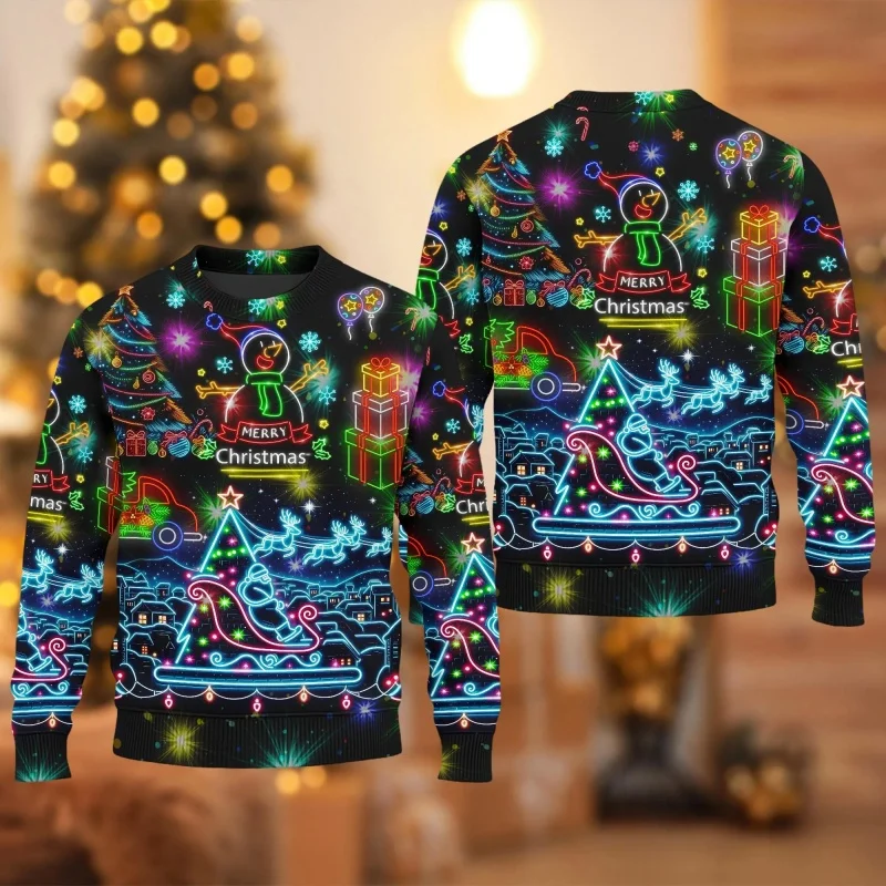 نيون ثلج نمط بلوزات للرجال شجرة عيد الميلاد ثلاثية الأبعاد مطبوعة البلوز مهرجان حفلة هوديس طويلة الأكمام الجولة الرقبة القمم