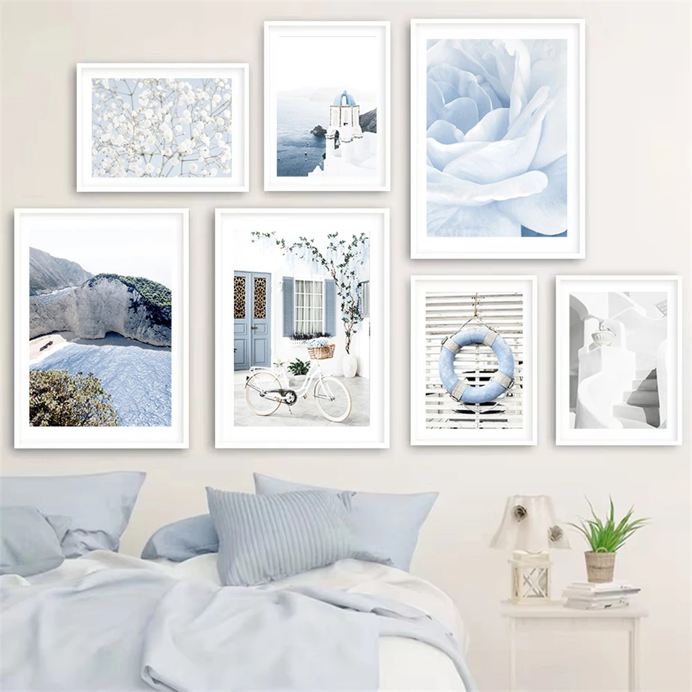 

Blue Flower Santorini Sea Wall Art Canvas Painting Greece Island Posters And Prints Nordic Wall Pictures Living Room Home Decor